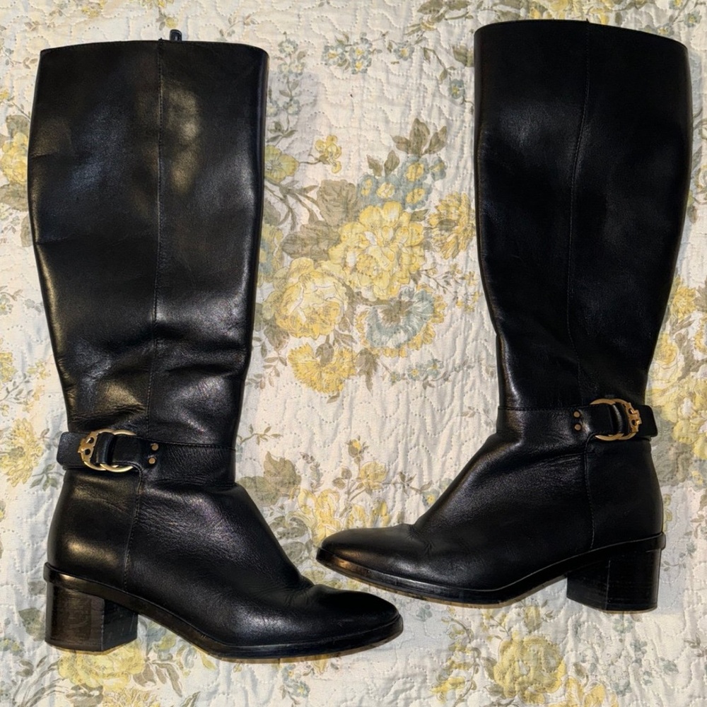 Tory Burch - Black Leather Heeled “Marsden” Riding Boots W/ Buckle